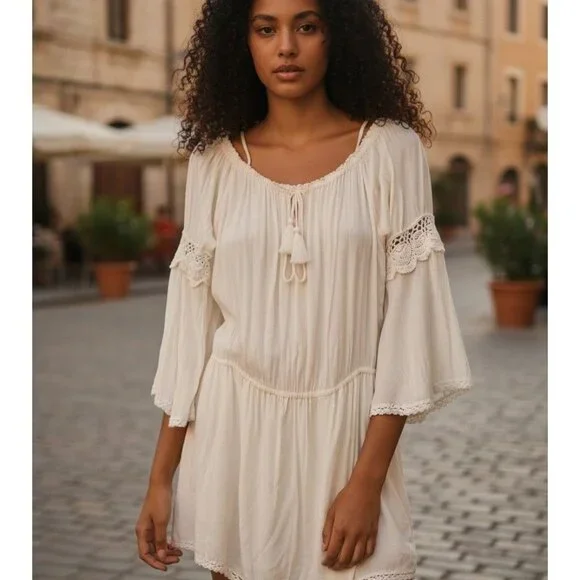 Cleobella Ivory Off-Shoulder Crochet Bell Sleeve Mini Dress